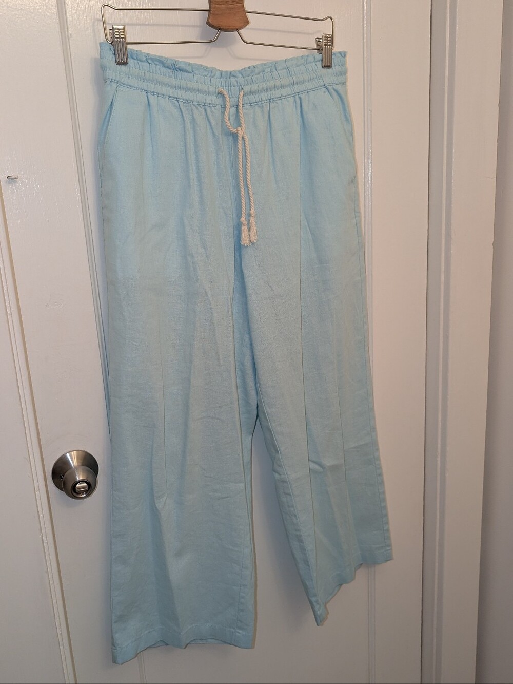J Crew Linen Cotton Pull On Wide Leg Pants Womens Size M Aqua Blue Paper Bag